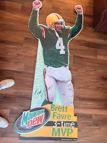 ($800.00) Item #70  2 Lifesize Brett Favre Stand Up Cardboard Cutouts 25+ Years in storage. 7'0 Tall x 35 at Elbows x 33 Elbows above head.
