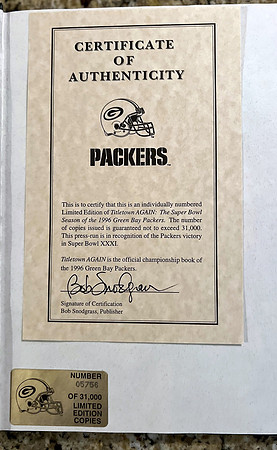 ($30.00) Item # 129 Titeltown Again Limited Edition number 05756 of 31,000, Super bowl season of the 1996 Green Bay Packers Letter of Auth, 144 Pages Bob Carlson, Mike Holmgren, Bob Harlan (2)